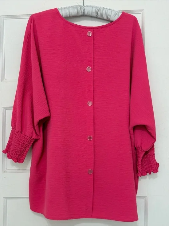 Multiples Blouse Hot Pink Magenta XL Scoop Neck Gathered Sleeves Faux Buttons - Picture 2 of 7